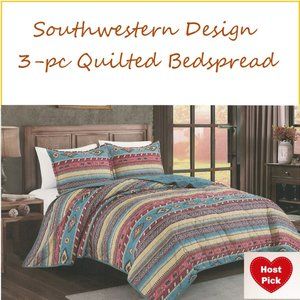 Southwestern Design 3 Piece Quilted Bedspread Set - Multi-Color